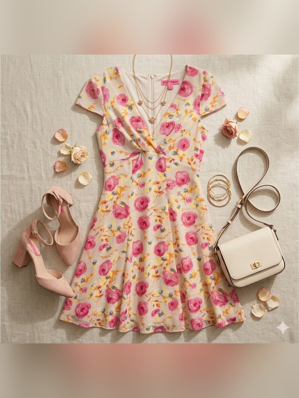 EUC Betsey Johnson Floral Print V-Neck A-line Cap Sleeve Dress, Size 4